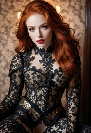 silk stockings, highest quality, gorgeous, beautiful, masterpiece, best quality, (20 years old), (long fiery red hair, redhead:1.3), (big tits:1.3), elaborate blue lace lingerie, extremely detailed nipples, aroused, (photorealistic:1.5), 1girl, extremely detailed, elegant, atmospheric, kneeling on silk bed, (dressed in beautiful black lace armor:1.8), (black eyeliner, long thick eyelashes), luxurious bedchamber, the mood is seductive and erotic, high resolution, very detailed face, very detailed eyes, (hot body:1.4), slender body, big hips, narrow waist, hourglass figure, full-body view, professional, 8K wallpaper, breathtaking full-length view, pores, detailed hair, (very detailed lips:1.18), detailed nose, sexy, fine details, skin pores, ruby necklace, clear image, erotic photography, shadows, textured skin, realistic, (perfect fingers:1.2), perfect lighting, (best shadow), (red lipstick paints nipples red), 8K, UHD, Fujifilm GFX 100 II