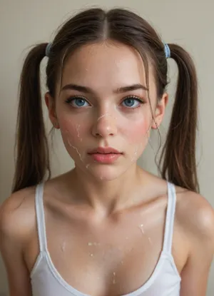 facialized dark shot, face photo of young pale woman, (makeup:.6), film grain, two pigtails, wearing a top and thong, with her face covered in, (superfacializedbukkake:1.12), <lora:facialized:1>, liner, shadow, run, off, lsrf, mascara, <lora:liner shadow run off-GMR:.8>