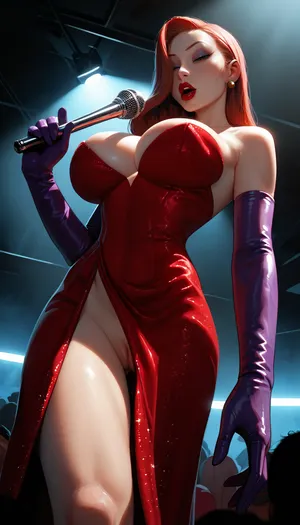 masterpiece, best quality, high resolution, hires, score_9, score_8_up, score_7_up, score_6_up, (Jessica Rabbit:1.4), incase, style, ratatatat74, solo, view from below, close up, red dress, huge breasts, hourglass body, wide hips, thick thighs, purple arm-length gloves, eyes looking at viewer, detailed pupils, standing, singing, vagina, detailed, dark, nightclub, <lora:287175_training_data:1.5>, <lora:ratatatat74-000050:1.3>