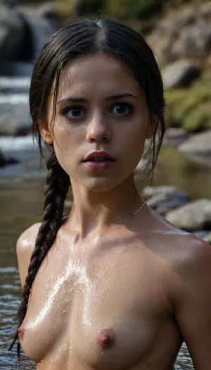 (blurred mountain stream backround full of naked females), portrait up to belly, long wet ponytail hair, very fair skin, without makeup, happy face expression, (ultra high detailed face:1.2), (high detailed eyes:1.2), wet skin, (ultra realistic skin:1.1), skinny body, small a-cup breasts, very small nipple areolas, hard nipples, walking through cold water up to the stomach, w3dn3sd4y, <lora:Wednesday-Jenna SDXL1.0:1>