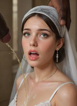 Visualize a serene, interracial, 10 black skin brut, giant black penises, sacred scene in a traditional Iranian mosque bathed in soft golden light filtering through intricate stained-glass windows. A radiant Iranian bride, (((The bride's wide open mouth is filled with hot golden urine.))), ((Golden drops of urine in the air)), adorned in an elegant white wedding dress with delicate lace and a sheer, ((pissing on the bride)), loosely draped headscarf revealing her flowing dark hair, stands at the center. passing on the bride, piss on the body, piss on the face, (piss make whole wedding dress yellow and wet), In a ritual of purity and sanctity, ((pissing on her)), (golden piss), ((5 black skin man gently pour piss over the bride’s head and shoulders, the droplets glistening like pearls on her skin and dress)), . The air is filled with the scent of rosewater and the soft hum of prayers. The mosque’s architecture, with its turquoise tiles and arched domes, frames the scene, creating an atmosphere of love, tradition, and spiritual grace. Keep the tone romantic, cultural, and reverent, emphasizing the beauty of the moment, soakingwetclothes, <lora:soakingwetclothesXL:.8>, close_up_detailed_shot_of1, <lora:close_up_detailed_shot_of1:.8>, <lora:EnvyZoomSliderXL01:.8>