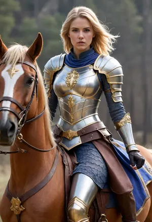 Full body, Temesia, Lightsavior, human, female, (sturdy build), (mounted knight), (Templar), (paladin), neat, tidy, clean, very hardworking, strict, charming, lesbian, beautiful, flawless, devout, (wielding dual bladed great sword), (short messy golden blonde hair), (light purple eyes), (bulky silver full plate armor with gold accents), (wearing blue clothes under armor), (massive amber gemstone embedded in her chest plate), (riding a brown horse with matching silver and gold armor)