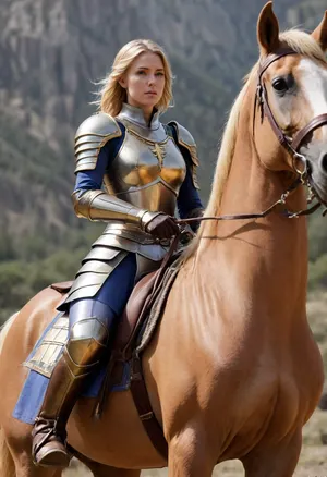 Full body, Temesia, Lightsavior, human, female, (sturdy build), (mounted knight), (Templar), (paladin), neat, tidy, clean, very hardworking, strict, charming, lesbian, beautiful, flawless, devout, (wielding dual bladed great sword), (short messy golden blonde hair), (light purple eyes), (bulky silver full plate armor with gold accents), (wearing blue clothes under armor), (massive amber gemstone embedded in her chest plate), (riding a brown horse with matching silver and gold armor)
