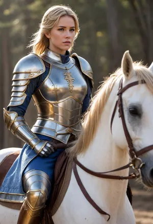 Full body, Temesia, Lightsavior, human, female, (sturdy build), (mounted knight), (Templar), (paladin), neat, tidy, clean, very hardworking, strict, charming, lesbian, beautiful, flawless, devout, (wielding dual bladed great sword), (short messy golden blonde hair), (light purple eyes), (bulky silver full plate armor with gold accents), (wearing blue clothes under armor), (massive amber gemstone embedded in her chest plate), (riding a brown horse with matching silver and gold armor)
