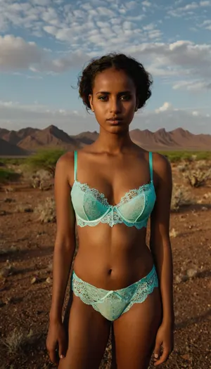 full-body portrait of a, (typical), (19 year old), (Djibouti woman), (colorfull lace-lingerie, bra and panties), standing in a typical Djibouti landscape.