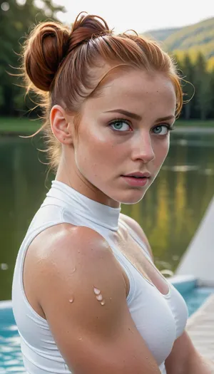 (lake backround), view from side, (realistic photo quality), upper portrait, red hair bun, without makeup, angry face expression, (ultra high detailed face:1.2), (high detailed eyes:1.2), (ultra realistic skin:1.1), medium breasts, narrow waist, wide hips, white wet bodysuit, sits cross-legged on a towel, uberfit, athletic, LaurenFindleyV1, <lora:uberfit_lora_sdxl:.8>