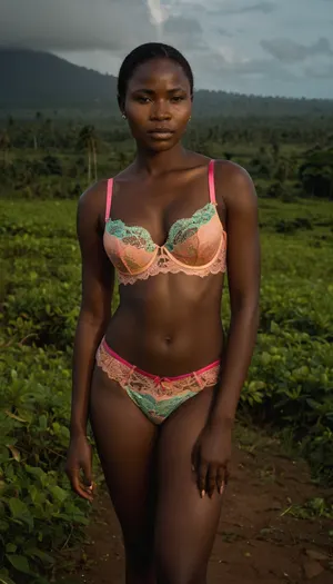 full-body portrait of a, (typical), (19 year old), (Liberia woman), (colorfull lace-lingerie, bra and panties), standing in a typical Liberia landscape.