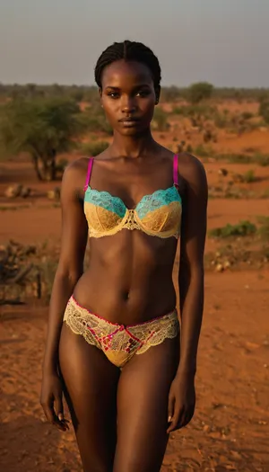full-body portrait of a, (typical), (19 year old), (Mali woman), (colorfull lace-lingerie, bra and panties), standing in a typical Mali landscape.