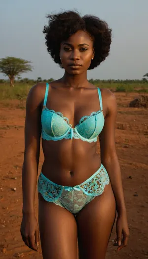 full-body portrait of a, (typical), (19 year old), (Nigeria woman), (colorfull lace-lingerie, bra and panties), standing in a typical Nigeria landscape.