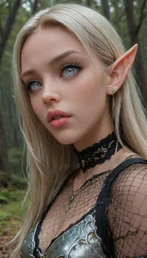 (1 extremely beautiful elf girl standing in a dark evil forest:1.4), (close up angle:1.8), (side view), (big thin cute lips:1.4), (extremely small beautiful face:1.3), white hair, (extremely long hair), extremely straight hair, (beautiful black fishnet armor:1.4), partially clothed, white skin, very long thick eyelashes, (light blonde eyes), (extemely beautiful petite body:1.4), collarbones, multiple big necklace, earrings, (cute medium breasts), small waist, (cute bubble butt:1.3), (extremely thin petite thighs), long legs, (extremely perfect big beautiful eyes:1.8), (perfect face:1.3), (8k), (dark forest at night:1.2), white, sclera, eyes, R3g4l, 3lv3n, woman, courtyard, armor, cloak, sword, castle, dark, fantasy, <lora:white sclera v2:1.3>, <lora:rknArouseXL:.8>, <lora:Regal_Elven:.8>, <lora:1366408_training_data:.8>, <lora:dark_fantasy_art:2>