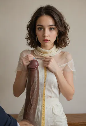 An expressive scene showing a stylish Iranian woman, (wearing a chic and modern outfit), — a fitted cream-colored blouse tucked into high-waisted wide-leg trousers, paired with elegant accessories like gold earrings and a silk scarf., (She is holding a large measuring tape and measuring a surprisingly large giant black penis:1.2), with a curious and slightly surprised expression on her face. The setting is artistic and minimal, perhaps a well-lit indoor studio or a quiet garden with soft natural light. The atmosphere is subtly humorous and whimsical, with attention to detail in her clothing, facial expression, and the texture of the log. High-quality, realistic style. No nudity., PEOPShockedFace, shocked, face, eyes, popping, out, mouth, open, anime, cartoon, <lora:PE_OP_ShockedFaceMeme:.8>