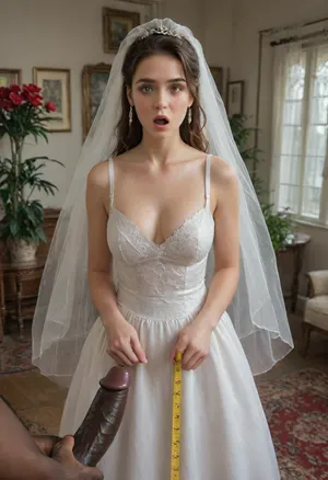 interracial, giant black penis, An elegant Iranian bride wearing a traditional Persian-style white wedding dress with golden embroidery, a delicate veil, and ornate jewelry, standing in a beautiful old Iranian courtyard with blue tiles, potted flowers, and an antique Persian carpet., (((She is holding a long yellow industrial carpenter's tape measure, carefully measuring an unusually large and very long Black penis lying across the courtyard. The tape is stretched out, visibly extended over the entire penis, showing its exaggerated length))), . The bride has a surprised and slightly amused expression, raising an eyebrow as she looks at the result. The atmosphere is warm, romantic, and subtly humorous. High realism, detailed textures on fabric, wood, and the courtyard elements. Full-body shot, tasteful and artistic, with a strong narrative focus on the measurement scene.", close_up_detailed_shot_of1, detailed, eyes, perfect, freckles, skin, texture, photorealistic, shocked, nonplussed, facial, expression, <lora:close_up_detailed_shot_of1:.8>, <lora:Super_Eye_Detailer_By_Stable_Yogi_SDPD0:.7>, <lora:shocked:1.6>, <lora:Expressions XL:1.1>, <lora:EnvyZoomSliderXL01:.8>