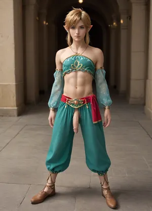 man, Link, the legend of zelda, Link in gerudo outfit, twink, yaoi, full body, flat, chested, shemale, Trfut, flac-futa, flac-penis, <lora:flat_chested_v3.5:.3>, <lora:SDXLlora4flFut-000014:.8>