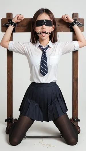 Black pantyhose, ring gag, open mouth gag, cum on face, kneeling, spreader bar, spread arms, high school uniform, white collared shirt, black pleated skirt, classroom background, (Comfyui with controlnet), Model, arms up, A petite brown haired woman in stocks pose, a look of annoyed, iron cuffs on wrists and ankles, blindfold, <lora:BondageXcrossV1--In Stocks Pose:.5>, <lora:Blindfolded:.8>, kyoshitsu, kaidan, rouka, <lora:Gakkou_SDXL_V1:.8>