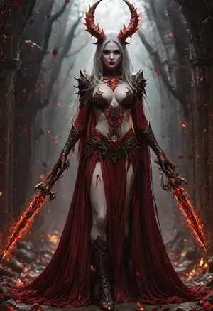 1woman, 40 years, (Lilith from Diablo:1.9), slender, red eyes, long crimson hair, D cups breasts, huge pointy breasts, (small nipples), (horny:1.7), (wide eyes:1.2), whole body, perfect ass, big thighs, beautiful feets, beautiful eyes, black pupil, masterpiece, high quality, hell, sexy, (big straight horns), demon, (pale gray skin:1.8), (black robe:1.2), (visible ribs:1.1), jewelery, cape, (necklace with ruby), demon face, evil, (black thigh high stocking), 4k, ripped clothes, burned clothes, ruined makeup, looking at viewer, choker, cloth around waist, seduce, visible pussy, (thigh silk ribbon:1.2), thigh gap, bracelets, large demon wings, (dagger:1.4), holding, (perfect fingers), <lora:Circe_The_Demon_Queen:.8>, <lora:Her_Eyes:1.5>, C1rc3, Th3, D3m0n, Qu33n, 1girl, weapon, attack, pose, monster, <lora:openxl_handsfix:.8>, NEGATIVE_HANDS