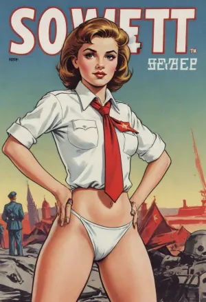 (single drawn girl:1.3), (illustration:1.3), (hand drawn:1.3), (comic book cover:1.3), (TITLE text, "Soviet":1.3), (Soviet pioneer girl:1.2), Soviet pioneer girl 18yo, in a red scout tie, white blouse and panties, sexy random pose, sovietForm, sopi, <lora:sovietForm:.5>, <lora:sopi:.5>, <lora:iltromba_artwork_style_smm_SDXL_LORA_v07:.5>, <lora:text:1.1>