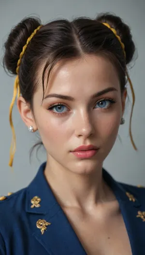 street fighter chun li, misty style, vixen, classic blue suit, full lips, moist and shiny skin, perfect skin, extremely beautiful face, heavy, looks at viewer, perfect eyes