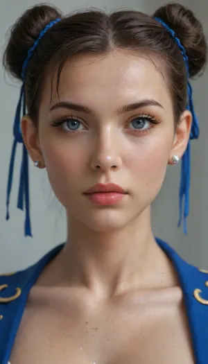 street fighter chun li, misty style, vixen, classic blue suit, full lips, moist and shiny skin, perfect skin, extremely beautiful face, heavy, looks at viewer, perfect eyes