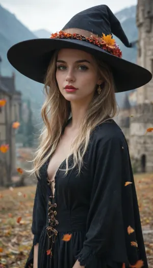 A young woman with long, flowing blonde hair and naked a captivating gaze, adorned with a large black witch's hat embellished with autumnal red leaves. Her expression is serene, yet slightly mysterious. Her captivating eyes have a deep golden hue, accentuated by full, rich red lips. She's likely in her late teens or early twenties, of light European descent. Her outfit is a black, flowing garment, seemingly a dress or cloak. The woman's pose is a three-quarter view, turning towards the viewer, her head tilted slightly. A majestic castle is intertwined with her image, nestled amidst a mountainous autumnal landscape. The castle is a light beige color, with intricate details of turrets and battlements. The mountainside is covered in vibrant shades of autumnal red and gold leaves. Thick fog and misty clouds envelop the landscape. Tiny stars are scattered throughout the sky. The lighting is dramatic, with a soft glow illuminating the castle and the woman's face. The overall mood is enchanting and dreamlike, reminiscent of fairytales. The artwork showcases a delicate balance between the intricate details of the castle and the ethereal quality of the woman. Atmospheric perspective is strongly used, placing emphasis on the castle and the distance background. The colors are rich and well-balanced, with dark backgrounds and vibrant highlights. A muted palette of autumnal colors and dark gray tones is employed. A subtle glow and luminescence add to the fantasy style. The style is a blend of fantasy art and portraiture, with a touch of romanticism.