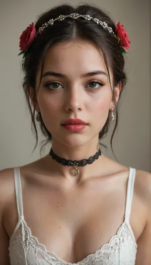 Close-up portrait of a young woman, likely 20s, East Asian features. Intensely detailed ornate headpiece, resembling a golden crown adorned with peach roses, frames her face. Her dark hair cascades around her shoulders. Dramatic makeup, including defined eyebrows, kohl-rimmed eyes, and crimson lips. A stunning intricate, detailed, tattoo choker around her neck. The design is inspired by elaborate floral motifs, with patterns of leaves and blossoms. Intricate tattoo designs cover parts of her arms. Red embroidered decorative details, in the form of small flowers, are positioned on her chest. Her expression is alluring, a mixture of elegance and sensuality. Subtle lighting highlights her facial features and creates soft shadows. The environment is a darkened room, with rich, warm tones. A patterned backdrop, suggestive of an ornate interior, adds depth to the image. The color palette is rich with deep, warm golds, peach, reds, and a neutral base of ivory-toned skin. Precise detail in the headpiece and facial features, combined with a dramatic lighting style, creates a seductive and ethereal mood. Art Deco and Asian inspired decorative elements. The composition and perspective are designed to focus attention on her face, drawing the eye through the intricate ornaments and adornments. The woman's pose is direct, engaging the viewer. Photographic technique, studio shot, high definition image.