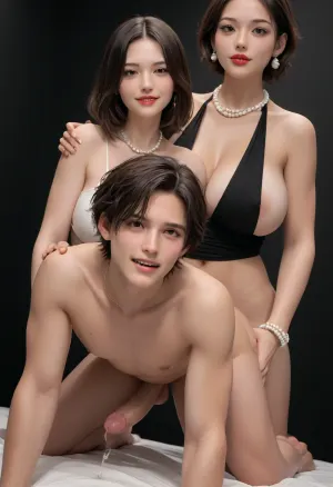 An ultra realistic, high detailed photo, black room, black background, (curvy futanari with blackstocking and medium black bobcut hair on male), latina, femdom, futa fuck white man analy, doggy style, cumming, mega massive futa dick, mega big heavy black futa balls, perfect slender body, slim waist, tanned skin, massive milky breasts, big chunky white pearl earrings, several fine gold and pearl necklaces, several fine gold and pearl bracelets, black eyes, brown eyes, full and plump red lips, looking at viewer, laughing, <lora:209970_training_data:.9>, <lora:287175_training_data:.9>