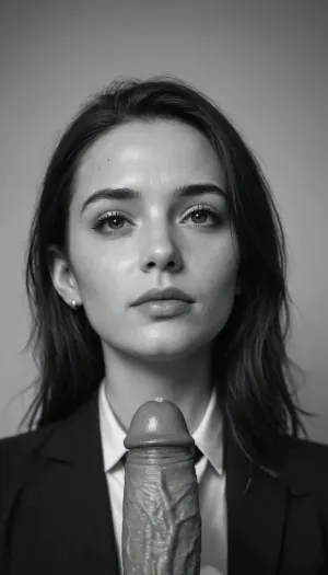 Highres, extremely detailed, 8k photo, professional photography, best quality, soft natural light, artistic shadows, intricate details, realistic, UHD, black and white, masterpiece, detailed cock, (detailed face and eyes:1.8), large almond shaped eyes, ((precum))