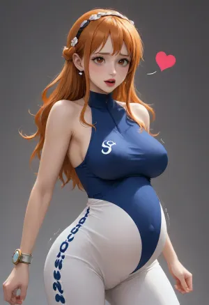 anime, (anime:1.2), BREAK, Nami, Nami from One Piece anime, Nami anime character, Nami anime character from one piece, pregnant, (pregnancy:1.3), 30 years old, big round belly, cute, embarrassed, sexy, big ass, big tits, ahegao, (she is trembling, twitching:1), in a fitness suit, in a suit, in a tight skinny jumpsuit, hearts around head, hearts, floating hearts, <lora:Animated_Concept:1>, <lora:add_details_xl:.5>