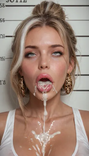 1girl, MILF, bimbo, whore, slut, slutty face, blond hair, hair is tied in a bun, lush hair, pink lipstick, large lips, duck lips, perfect face, detailed, ahegao, (rolling eyes), tongue, excessive cum, mugshot, front view, cum on hair, clothed, white highlights, orgasmface, love, <lora:orgasmface_SDXL:.8>, <lora:love:1>