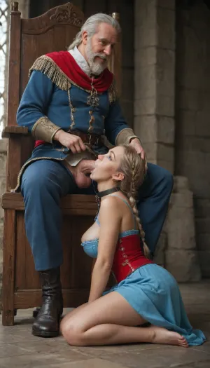 Blowjob, Prompt A medieval scene, (old man fat king with white bread with huge large cock sitting on a grand wooden throne, (wearing red Royal suit), . A short-haired braid hair blonde, (Slave Servant girl), with blue eyes with big breast are fucking large cock, (beautifull slave servant girl wear dirty blue servant clothing), . Nice toes, perfect face The setting is a dimly lit stone castle hall.Side view, (Woman smil and wear dirty blue clothes), . 8k quality. Smiling face. CUM dripping face. Man Pulling her hair.)