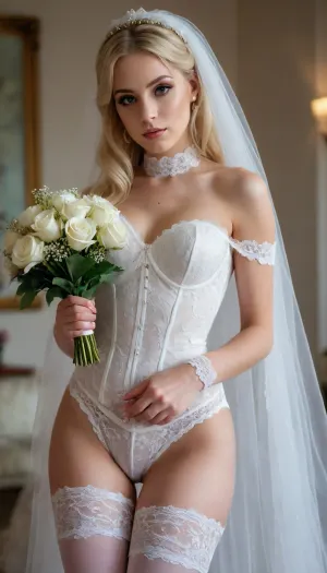 crossdressing pretty woman, high detailed, solo, beautiful model, provocation sexy, pretty egirl face, extremely pretty, extremely beautiful face, close up, supermodel face, 18 year old, slutty, boyish upper body, no curves, beautiful face, perfect face, wedding, wedding dress, blonde hair, white lace corset, white garter belt, white lace stockings, white high heel boots, long white lace wedding veil, large white lace choker collar, holding wedding bouquet