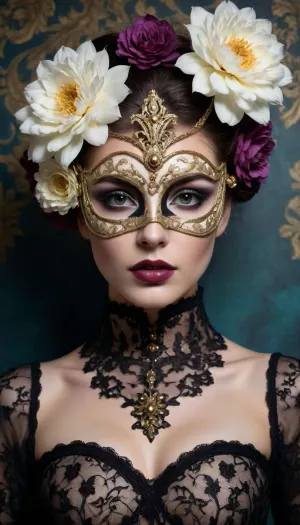 A permanent marker drawing in bright pastels of a woman with an elaborate, gothic-inspired theme. She is shown from the shoulders up, with her face partially obscured by an ornate masquerade mask. The mask is highly detailed, featuring intricate, symmetrical designs with floral and baroque patterns, giving it a baroque and gothic feel. The woman's lips are painted a deep, dark color. Her hair is styled in an elegant updo, adorned with a crown of large, artificial white flowers, adding a touch of contrast and softness to the otherwise dark and dramatic scene., ((The background is a richly textured floral pattern)), enhancing the baroque theme of the mask and flowers. The lighting is soft yet focused, highlighting the contours of her face and the textures of the mask and flowers, creating a dramatic and mysterious atmosphere. The overall composition is striking, with a strong contrast between the dark elements of the mask and lips and the lighter, softer elements of the flowers and background. The photograph captures a blend of elegance and gothic mystery. #©KITTYART