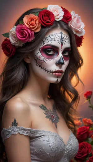 A illustration in bright pastels of a woman with an intricately designed sugar skull, a symbol deeply rooted in Mexican Day of the Dead, (Día de los Muertos), celebrations. The composition is centered, drawing immediate focus to the woman's face, which is adorned with elaborate, symmetrical patterns. The monochromatic palette, dominated by shades of grey and white, emphasizes the ethereal and serene quality of the piece. The artist employs a hyper-realistic style, evident in the meticulous detailing of the woman's hair, which cascades with realistic texture, and the delicate petals of the roses that frame her head. The use of light and shadow is subtle yet effective, creating depth and dimensionality in the image. Soft gradients and smooth transitions between tones. The symmetrical arrangement of the flowers and the skull's patterns evoke a sense of balance and harmony, while the woman's calm, slightly melancholic expression adds an emotional layer. Contemporary art movement, with influences from traditional Mexican folk art and modern hyper-realism. romantic sunset, red, smoke, colorful and vibrant, mystical colors, iridescent perspective view, sweeping circling composition, non-representational, colors and shapes, expression of feelings, imaginative, long shadows, dreamy mood, detailed photo, photorealistic photo, realistic pretty women photo, realistic night vision, soft fokus, parallax, overexposure, photo style, she kneels, cinematic, filmic, scribbled lines, surrender, polychromatic, diffuse, #©KITTYART