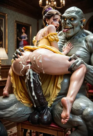 Belle in Beauty and the Beast, wearing a yellow dress, getting brutally ass fucked by a gigantic black monster, huge cock, cock in ass, legs spread, standing fuck, pussy wide open, revsitting, revstanding, wet pussy, creampie, pussy, cum, inside, cum dripping, anime, biggest man ever, cumming