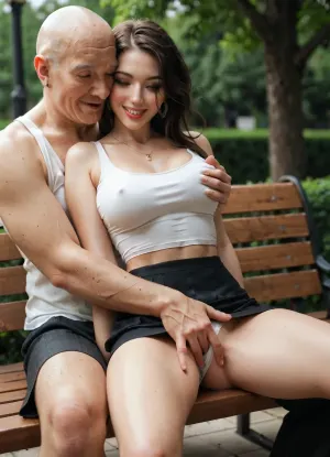 A tall young very beautiful 18-year-old Russian girl in a tank top and a spacious skirt sits on a 2 depraved bald old men's lap and hugs his neck On a bench in the park, (white panties), (A fully clothed 2 bald old men), a slut smile, The chest is medium, (the old man's hand under the skirt on the girl's crotch), (2 old men+ 1 girl), groping tits, fingering, grabing boobs, High detail, excellent image quality