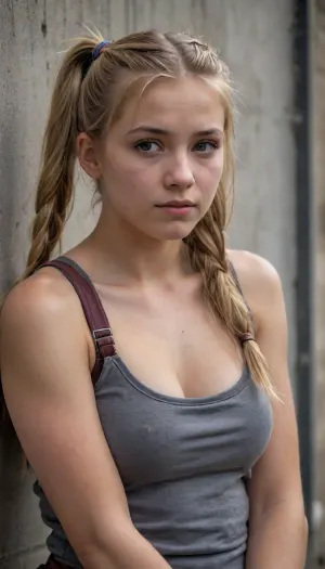 dirty homeless woman beautiful blonde 18 years old with ponytails woman, lewddungeon, background walls, breastclamp, <lora:breastclamp_SDXL_reg0_03s:.5>