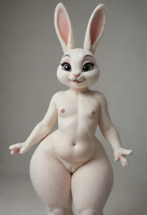 ((Bunny rabbit furry:1.8)), cute, big eyes, long eyelashes, (animal:1.5), ((chubby)), (flat chested:1.5), (oversized wide hips:1.5), (oversized thick thighs:1.5), smile, happy. Nude., (View from side)