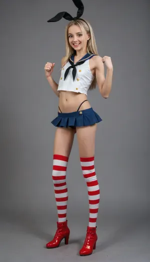 High quality and detail, (4K), (Shimakaze from kan colle, shimakaze cosplay), 18 years old, full body, detailed body, very skinny, flat chest, (narrow skinny face), excited face, detailed focused face, short small body, (anime style:1.2), (yellow blonde hair), on a battle ship, overly excited pose, (red white striped knee high socks, tiny blue micro skirt, black g string, visible cameltoe, red high heeled latex boots)