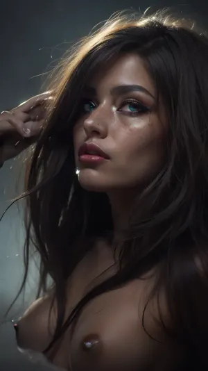 a coquettish woman with a very long hair, chaotic blood, scribbled lines, surrender, polychromatic, anthropomorphic, humanoid, diffuse subsurface scattering, tight tiny breasts, realistic highly detailed large beautiful crystal eyes with light glowing {brown, blue, green} iris, heartshaped lips, freckles, lip gloss, aroused skin, olive skin, dramatic sunrise, ground-fog, fog, (blackened darkness mood), (worm´s-eye view), #KITTYART