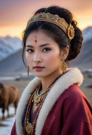 glossy magazine cover style, a beautiful slender adult Bhutanese woman in traditional clothing and jewelry, yak, a snow-covered pasture plateau, elaborate hairstyle, aroused skin, sunset, fog, long shadows, cold mood, detailed photo, photorealistic photo, realistic pretty women photo, night vision, soft fokus, parallax, overexposure, #©KITTYART



































#©KITTYART