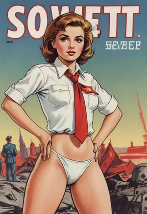 (single drawn girl:1.3), (illustration:1.3), (hand drawn:1.3), (comic book cover:1.3), (TITLE text, "Soviet":1.3), (Soviet pioneer girl:1.2), Soviet pioneer girl 18yo, in a red scout tie, white blouse and panties, sexy random pose, sovietForm, sopi, <lora:sovietForm:.5>, <lora:sopi:.5>, <lora:iltromba_artwork_style_smm_SDXL_LORA_v07:.5>, <lora:text:1.1>