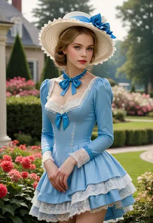 masterpiece, best quality, 1girl, solo, looking at viewer, J.C., Leyendecker, Style, page, short, whdbd, slutty glance, blue, dress, jewelry, necklace, bonnet, long, sleeves, bow, lace, trim, frills, pantyhose, country estate, well-kept park, beautiful flower beds, <lora:J.C. Leyendecker Style:.4>, <lora:whdbd XL:.8>