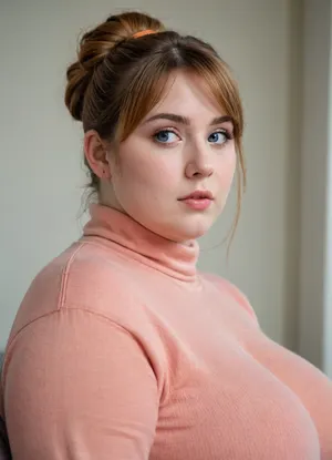 RAW photo, portrait, professional, simple background, gorgeous sexy 18 year old girl, (ssbbw:1), fair skin, detailed chubby face, blue eyes, round face, 8k uhd, dslr, soft lighting, high quality, film grain, Fujifilm XT3, yuigahama_mother_a, orange, hair, bun, single, sidelocks, bangs, eyes, mature, female, large, breasts, sweater, (fully clothed, massive fat bosoms), turtleneck, denim, jeans, pants, <lora:ガハママ Yuigahama mother (My Youth Romantic Comedy Is Wrong As I Expected.)_XL:.6>