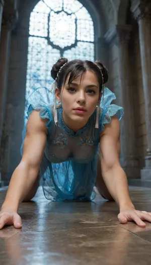 portrait, 1girl, (Bottom-up view:1.5), of a beautiful Chun-Li, (looking at viewer:1.5), large breasts, luscious lips, solo, crystal Chinese-clothes, intricate crystal dress, translucent crystal armor, bare arms, Chun-Li, wide hips, muscular female, toned physique, blue clothes, pantyhose, puffy short sleeves, detailed bun cover, The Isle of Doom ambience, dramatic winds flowing through her outfit.

The background features The Isle of Doom, a mystical and hauntingly beautiful location shrouded in mist, with ancient ruins partially submerged in glowing water, twisted stone archways, and ethereal blue flames flickering in the distance. A cinematic backlight of floating fairy lights creates a surreal atmosphere, casting soft, diffused illumination around Chun-Li’s powerful yet graceful figure. The bottom-up angle enhances her dominance and presence, emphasizing her strong stance and sculpted silhouette.

Her crystal-infused battle dress shimmers with intricate reflections, translucent layered fabrics catching the backlight. The armor’s crystalline surface refracts the light, adding depth and realism to the textures. The cool blue tones of her outfit blend with the eerie glow of the Isle of Doom, creating a balance between elegance and raw strength.