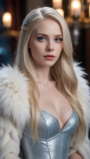 A beautiful young woman with long blonde hair, blue eyes, and pale skin stands next to a white lio.n with silver fur. Silver glitter adorns her face, in the style of fantasy art. The scene is captured with cinematic lighting and a sharp, high-resolution focus, creating a hyperrealistic, ultra-detailed fantasy image.
