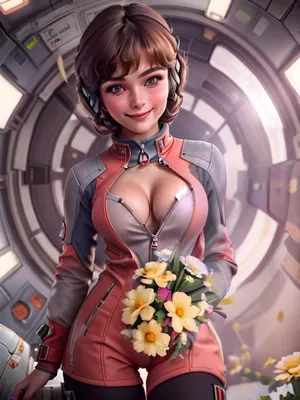 russian brunette 20 yo in tight soviet space suit, (((a huge bouquet of beautiful sacura flowers in her hands))), (((cleavage))), sleeves rolled up, watch, unzipped, zipper, smile, red pioneer tie, bobcut, on the background of a futuristic space landscape, maximum details, <lora:AlSeReal:.5>, 3DMM, <lora:3DMM_V12:.8>