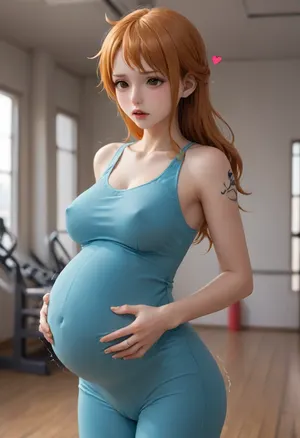 anime, (anime:1.2), BREAK, Nami, Nami from One Piece anime, Nami anime character, Nami anime character from one piece, pregnant, (pregnancy:1.3), 30 years old, big round belly, cute, embarrassed, sexy, big ass, big tits, ahegao, (she is trembling, twitching:1), in a fitness suit, in a suit, in a tight skinny jumpsuit, hearts around head, hearts, floating hearts, <lora:Animated_Concept:1>, <lora:add_details_xl:.5>