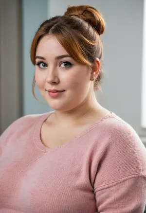 (Close-up), RAW photo, portrait, professional, simple background, gorgeous sexy 25 year old student, (ssbbw:1), onlyfans.com, double chin, fair skin, relaxed smile, detailed chubby face, blue eyes, round face, 8k uhd, dslr, soft lighting, high quality, film grain, Fujifilm XT3, yuigahama_mother_a, orange, hair, bun, single, sidelocks, bangs, eyes, female, natural breasts, plump, (sweater), (fully clothed, natural fat bosoms), shot from side, turtleneck, denim, jeans, pants, <lora:ガハママ Yuigahama mother (My Youth Romantic Comedy Is Wrong As I Expected.)_XL:.6>