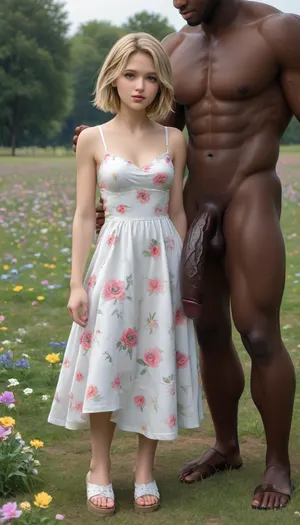 Super model supergirl, couple interracial, most beautiful face, light blue eyes, perfect white teeth, blonde hair woman, floral print sundress, high platform sandals, looking at viewer, interracial, muscular black man standing next to woman, bbc, massive black cock, veiny black cock, massive black cock interracial, massive flaccid cock, field of colorful flowers
