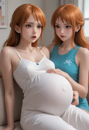 anime, (anime:1.2), BREAK, Nami, Nami from One Piece anime, Nami anime character, Nami anime character from one piece, pregnant, (pregnancy:1.3), 30 years old, big round belly, cute, embarrassed, sexy, big ass, big tits, ahegao, (she is trembling, twitching:1), sits, looks cutely at his belly, kicks, movements in the belly, imitates movements in the belly, fetal movement, the fetus moves, fetal movements in the belly, strokes his belly, hand on the belly, in a tight skinny jumpsuit, side view, in suit, the text "uuuuuuurp" flies near the belly, the text "uuuuuuurp", looks embarrassedly at the belly, <lora:Animated_Concept:1>, <lora:add_details_xl:.5>
