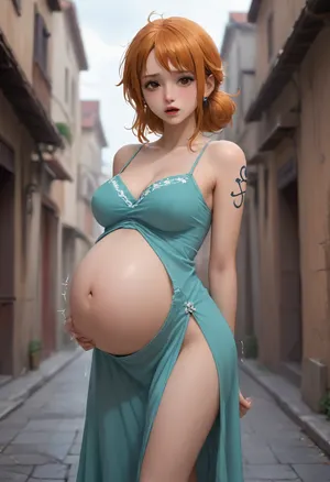 anime, (anime:1.2), BREAK, Nami, Nami from One Piece anime, Nami anime character, Nami anime character from one piece, pregnant, (pregnancy:1.3), 30 years old, big round belly, cute, embarrassed, sexy, big ass, big tits, ahegao, (she is trembling, twitching:1), in a tight form-fitting dress, <lora:Animated_Concept:1>, <lora:add_details_xl:.5>